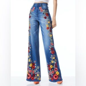 Alice + Olivia Blue Floral Embroidered Flare Jeans